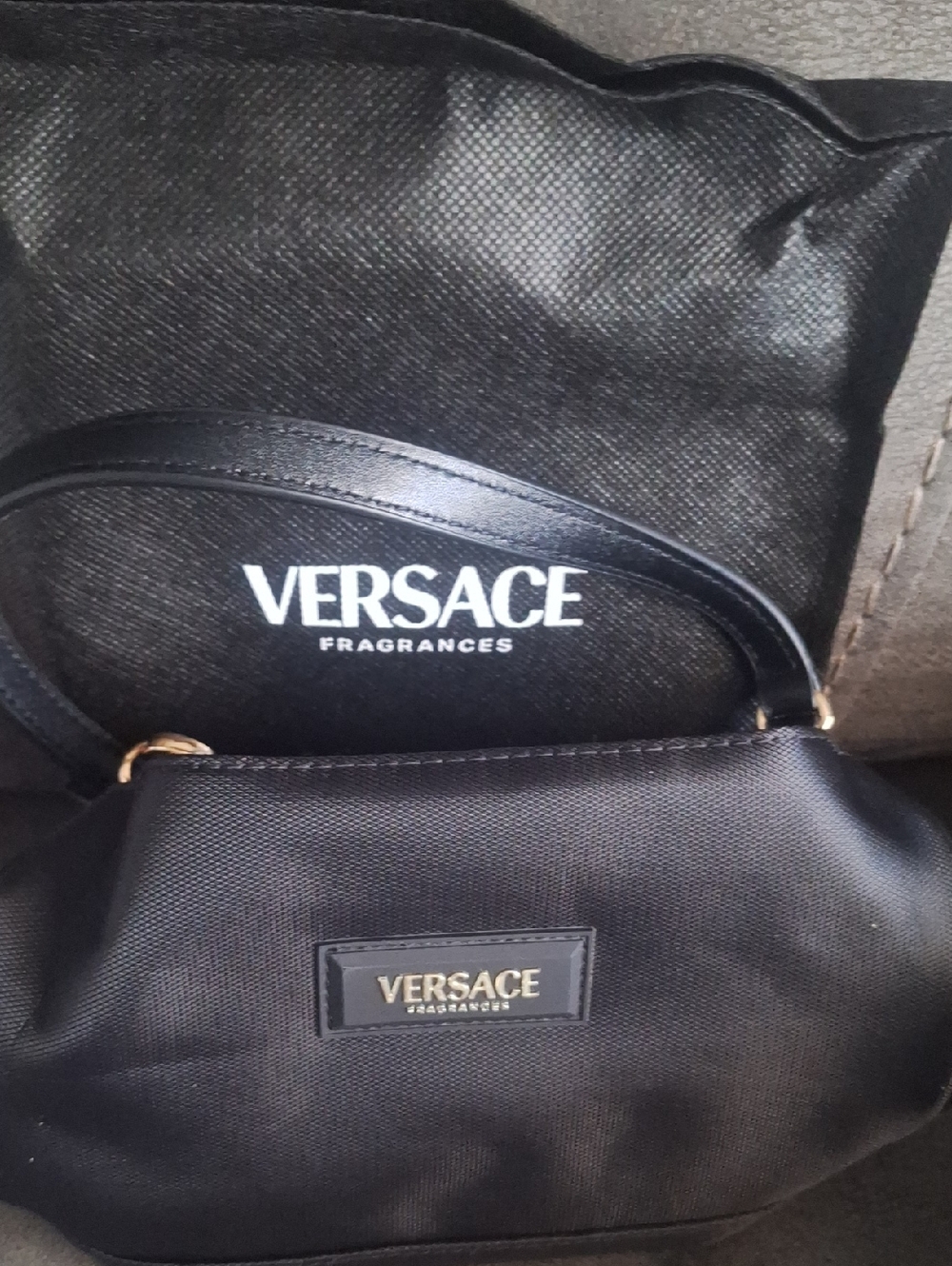 Versace Black Nylon Shoulder Bag with Gold Logo Plaque